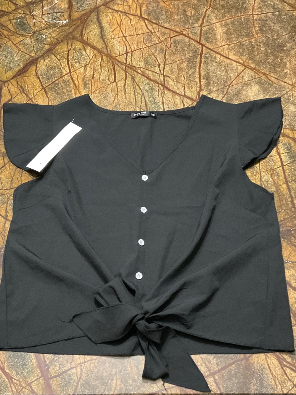 SHEIN Black Button-Front Tie Hem V-Neck Top